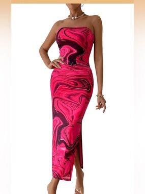 Strapless Pink Marble Midi Dress - Modern Evening Look